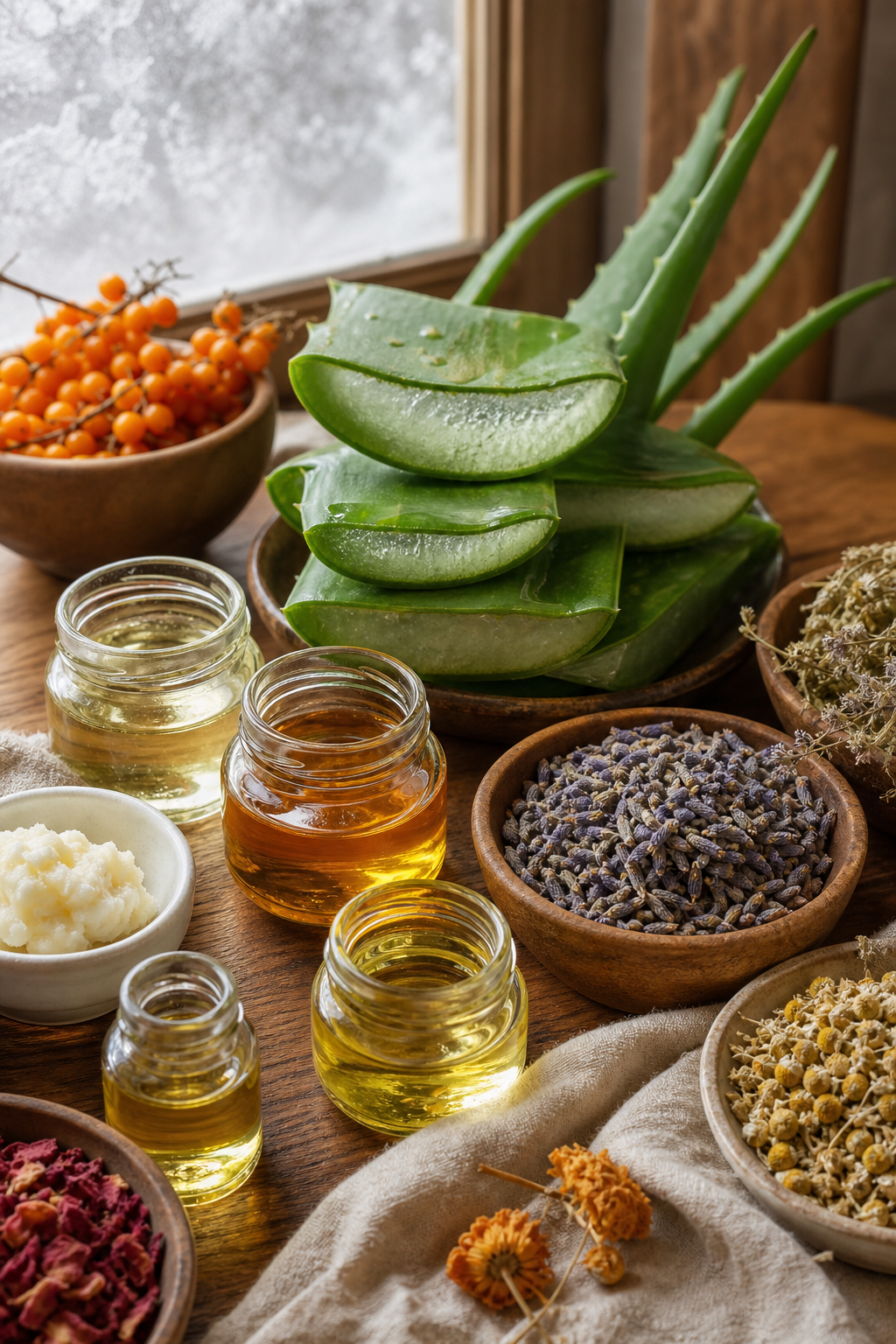 A photorealistic close-up of fresh aloe vera leaves, cold-pressed plant oils in small glass jars, and dried botanical herbs arranged on a warm wooden table near a frosted window. Alt: natural plant-based ingredients used as remedies for dry winter skin.