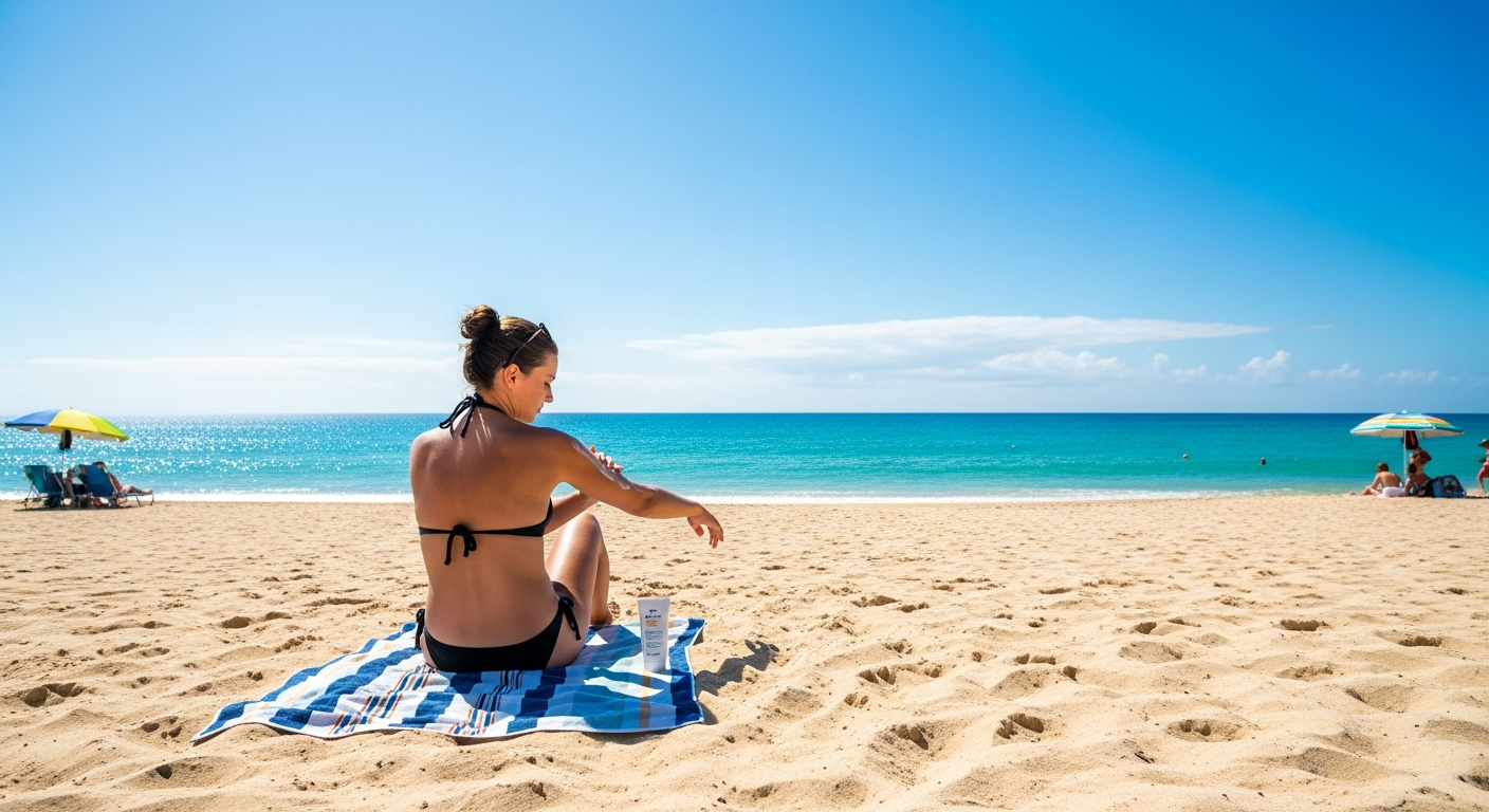 woman applying mineral sunscreen on her body,