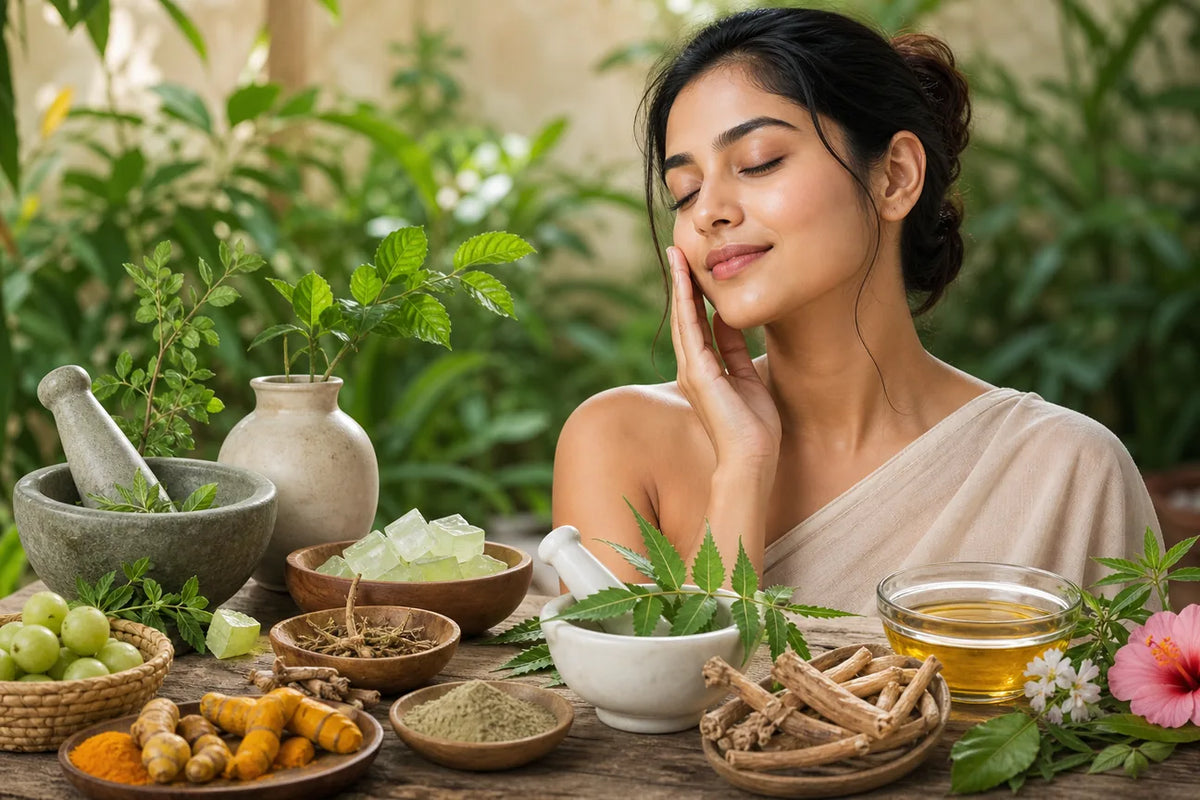 Editorial illustration for Top Ayurvedic Herbs for Skin: 5 Must‑Try OM Botanical Products