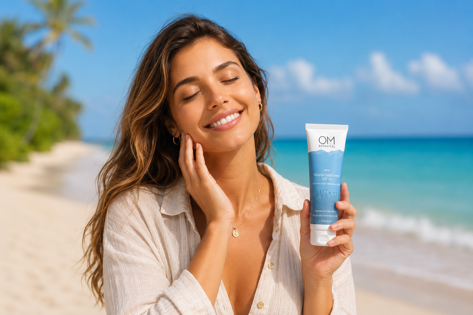 A young woman applying sunscreen