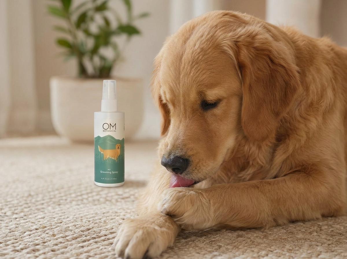 dog with OM Botanical pet grooming spray in the background
