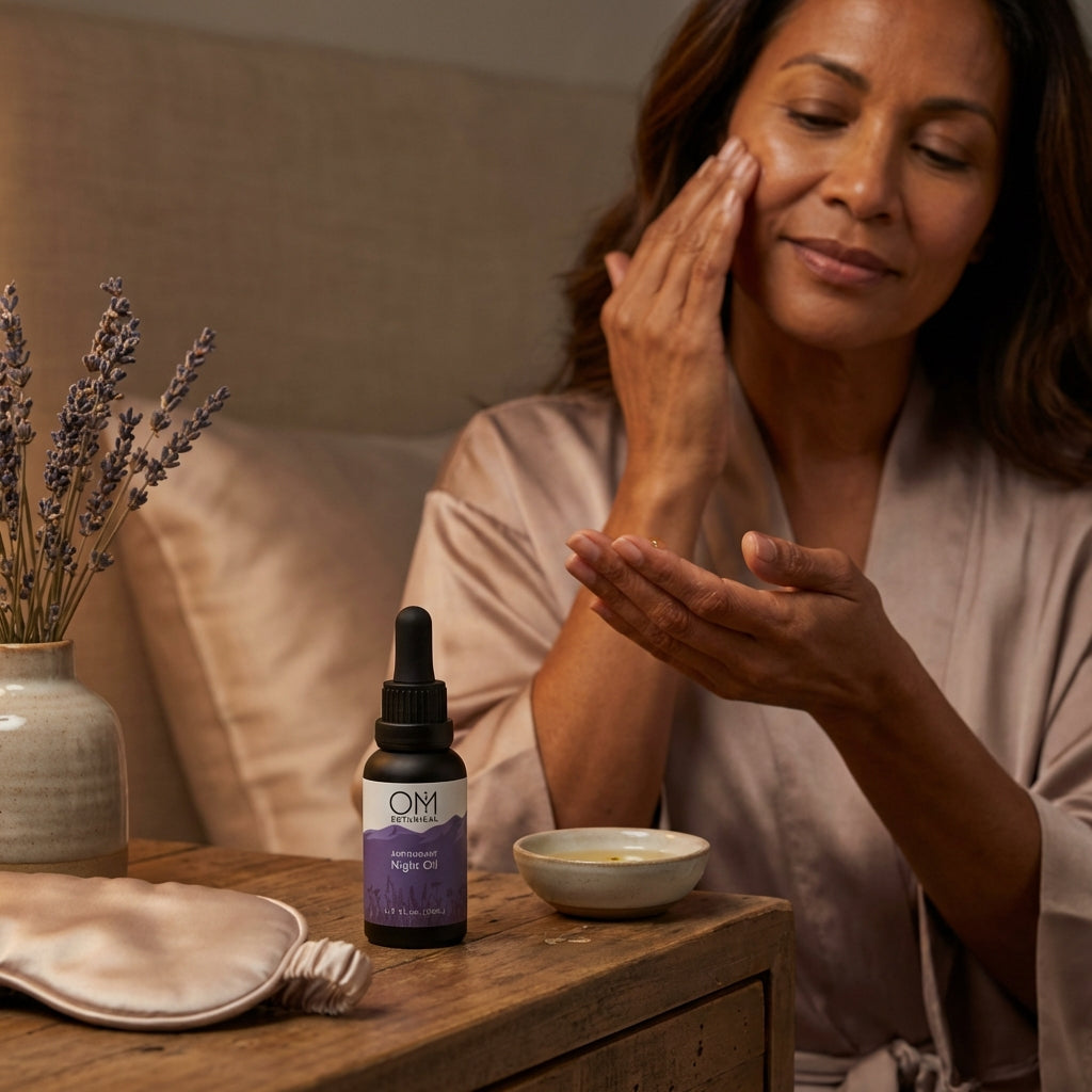 woman using OM Botanical night oil