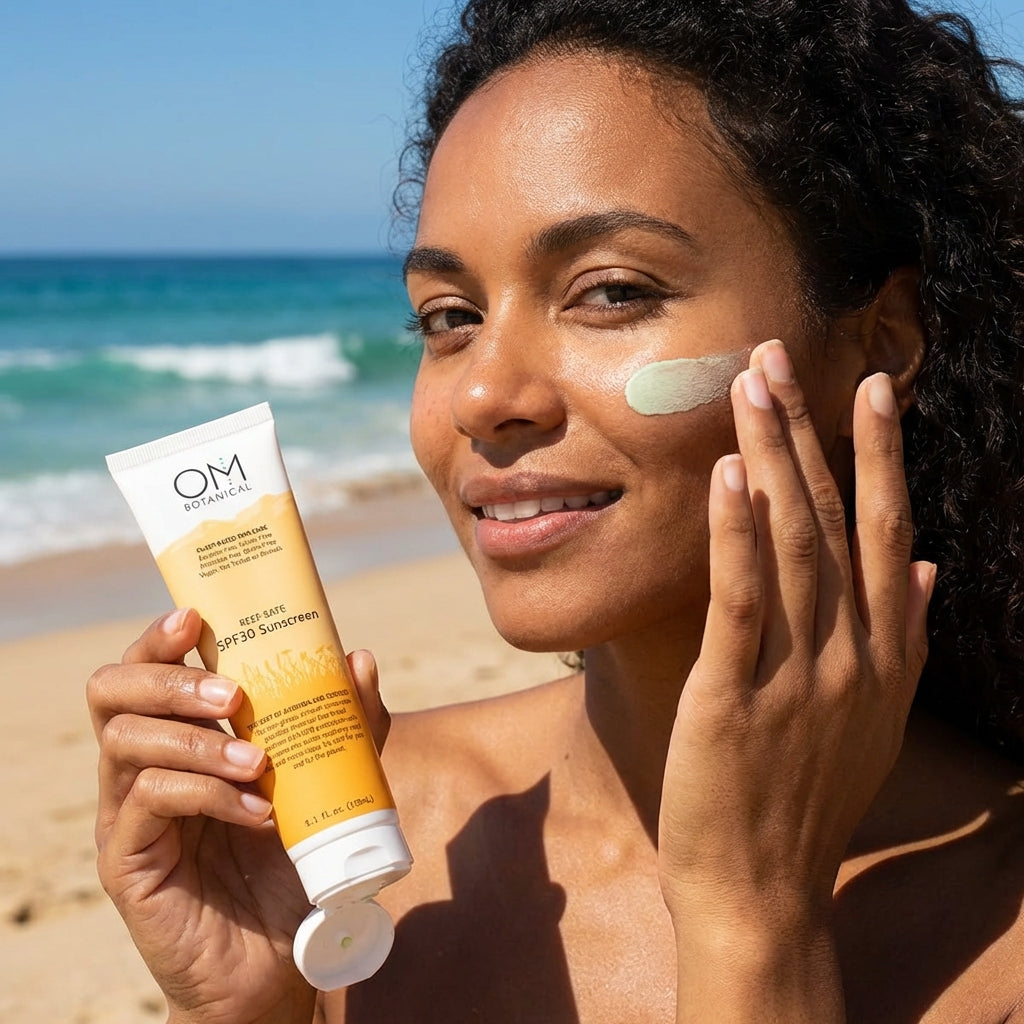 A bright beach scene with a woman applying mineral sunscreen, showing a clear, non‑greasy finish. Alt: Woman applying reef‑safe sunscreen on a beach.