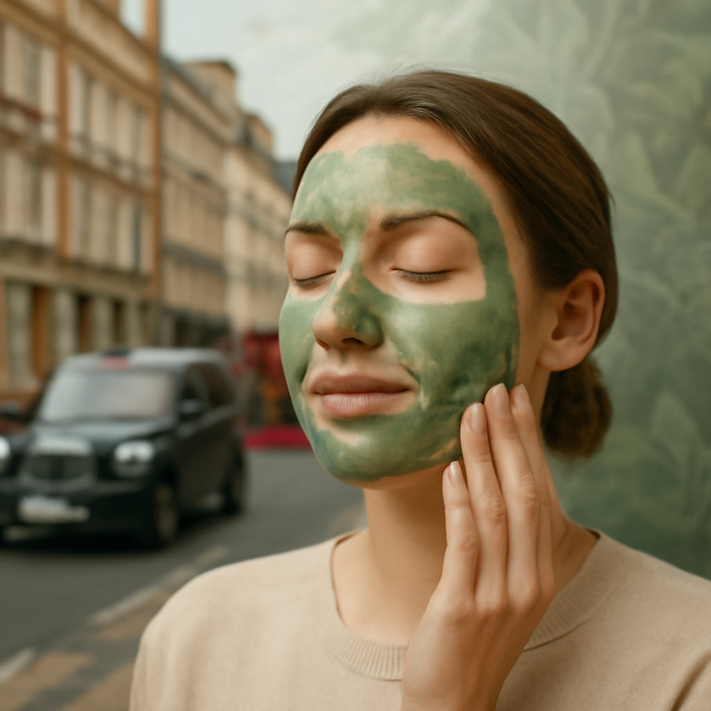 A close‑up of a serene yoga practitioner applying a green‑tinged Gotu Kola mask, with visible botanical textures swirling in the background. Alt: Molecular benefits of Gotu Kola skincare ingredients highlighted in a soft, natural palette.