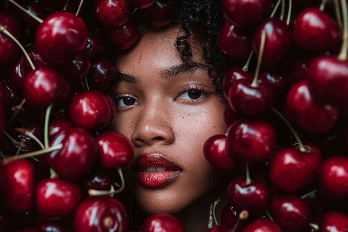 Close-up portrait of a woman surrounded by cherries.