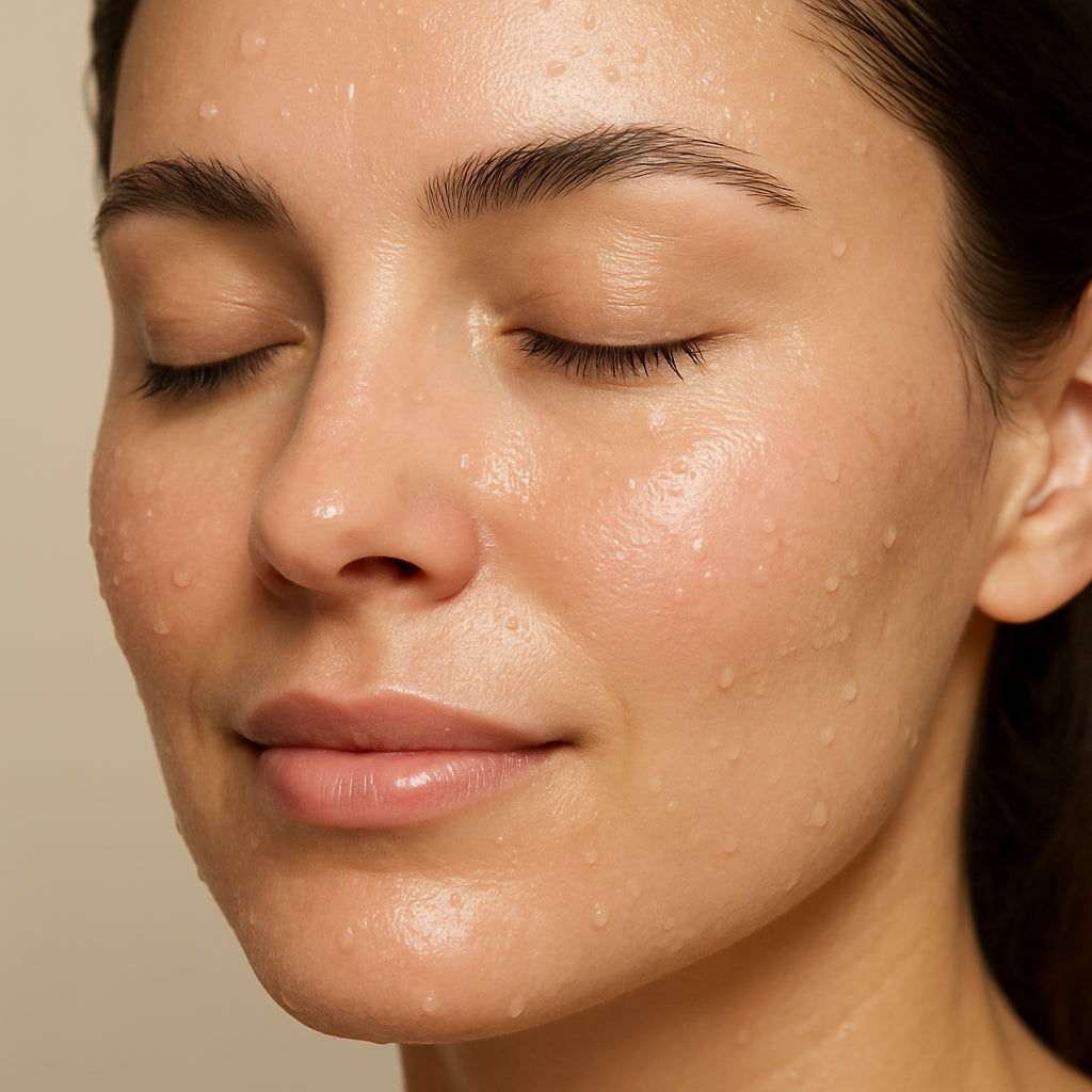 A serene close‑up of a clear, hydrated face with droplets of water, emphasizing natural glow. Alt: "Healthy glowing skin after using prebiotic cleanser"