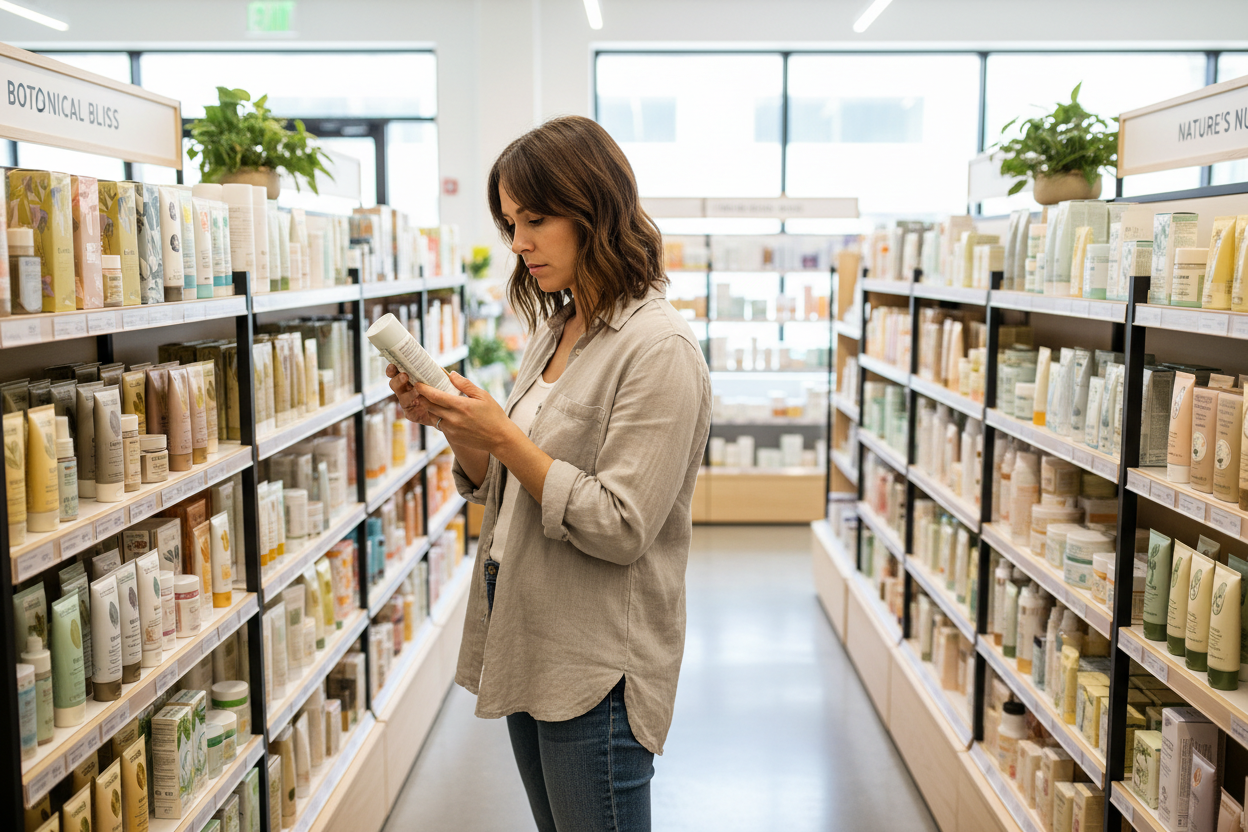 woman reading skincare ingredients on the back of packaging