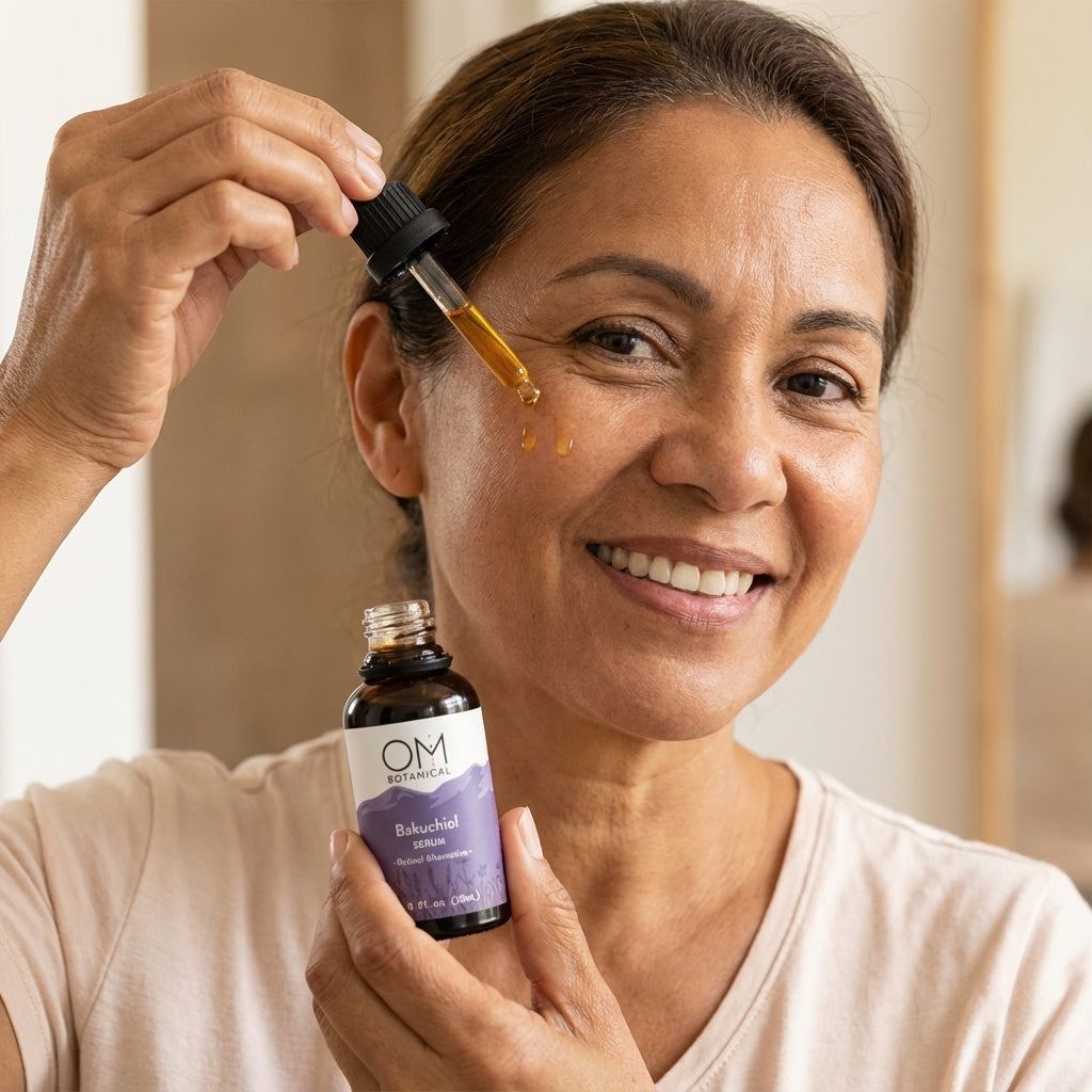 woman applying OM Botanical bakuchiol serum