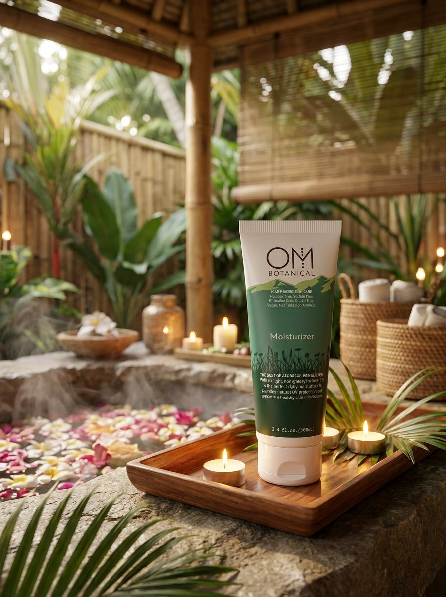 OM Botanicals moisturizer on a wooden tray with a serene outdoor setting