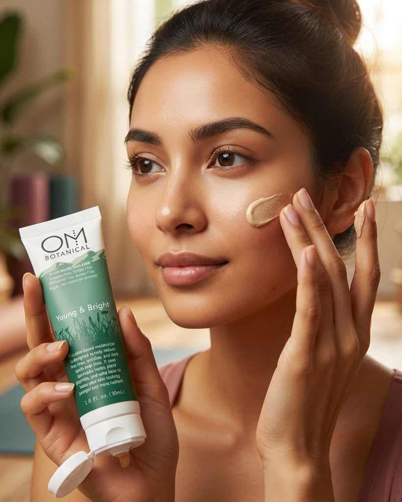Woman applying cream to her face with a bottle of OM Botanicals product.