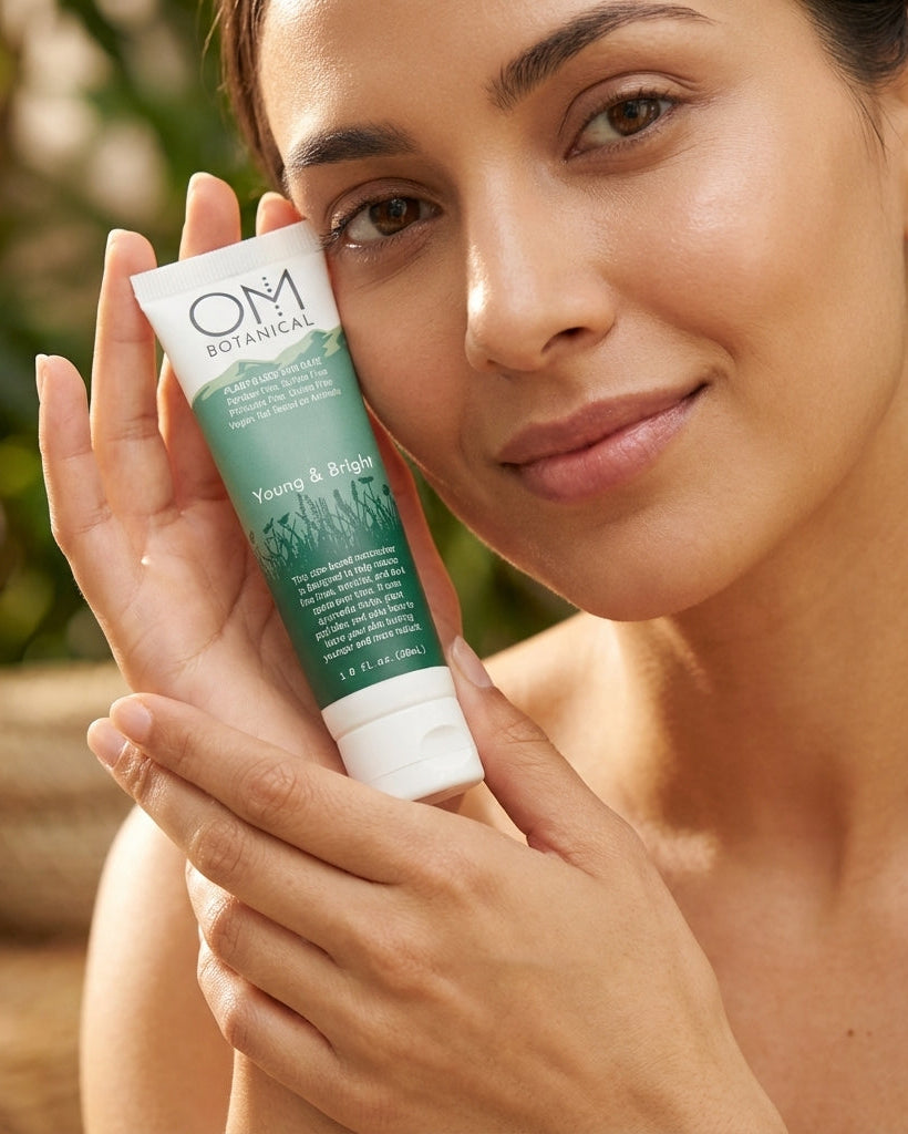 Woman holding a O&M Botanicals skincare product with a natural background