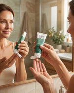 Woman applying skincare product in front of a mirror