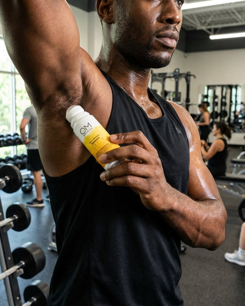 Man in a gym holding a bottle of OM products