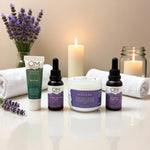 Spa Night Bundle - Restorative Evening Skincare Ritual by OM Botanical featuring detoxifying mask, night oil, serums, and lavender decor. Ideal for calming nighttime skincare routines.