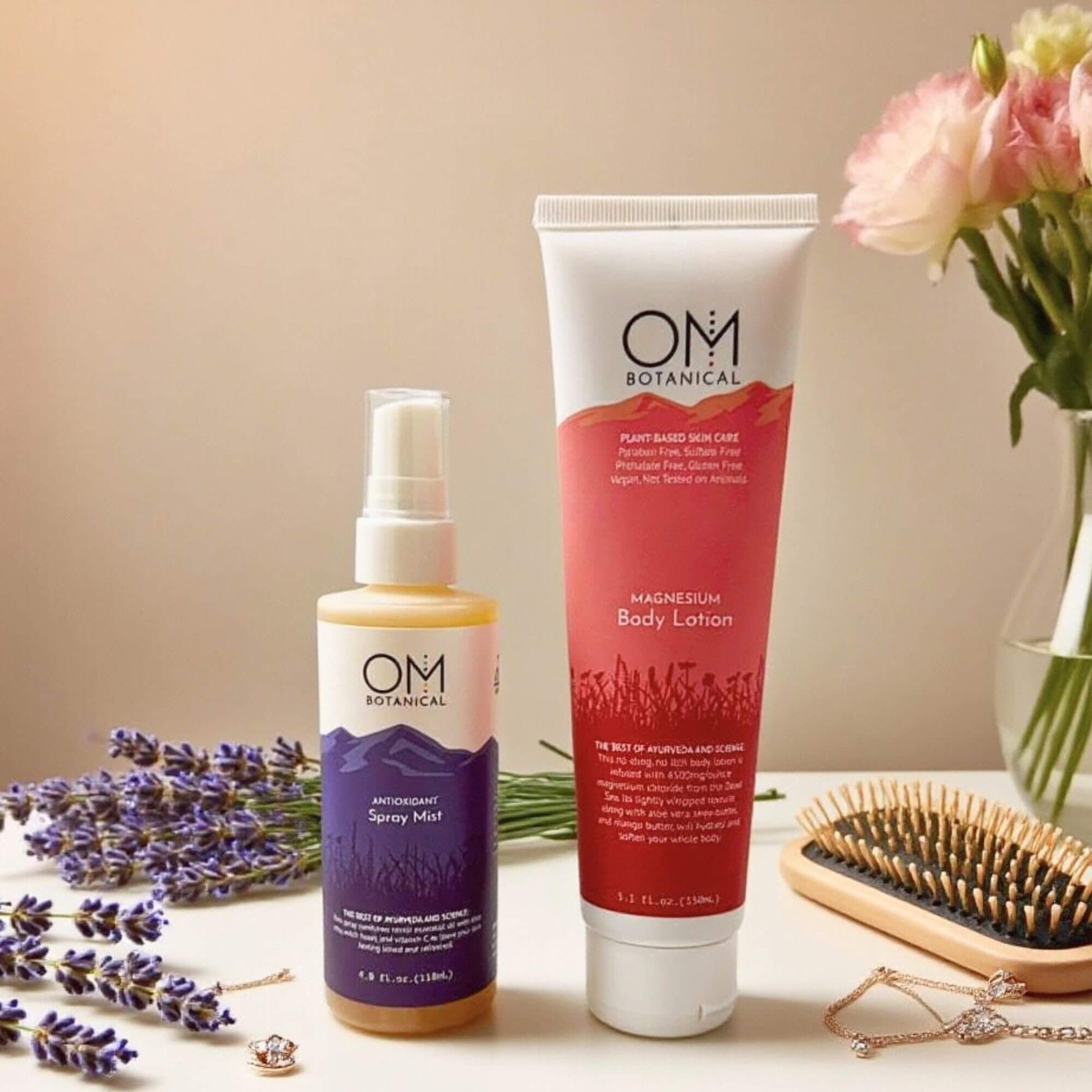 Stress Relief Duo | Magnesium Lotion & Antioxidant Mist for Relaxation. Includes OM Botanical Magnesium Body Lotion and Antioxidant Spray Mist with lavender.