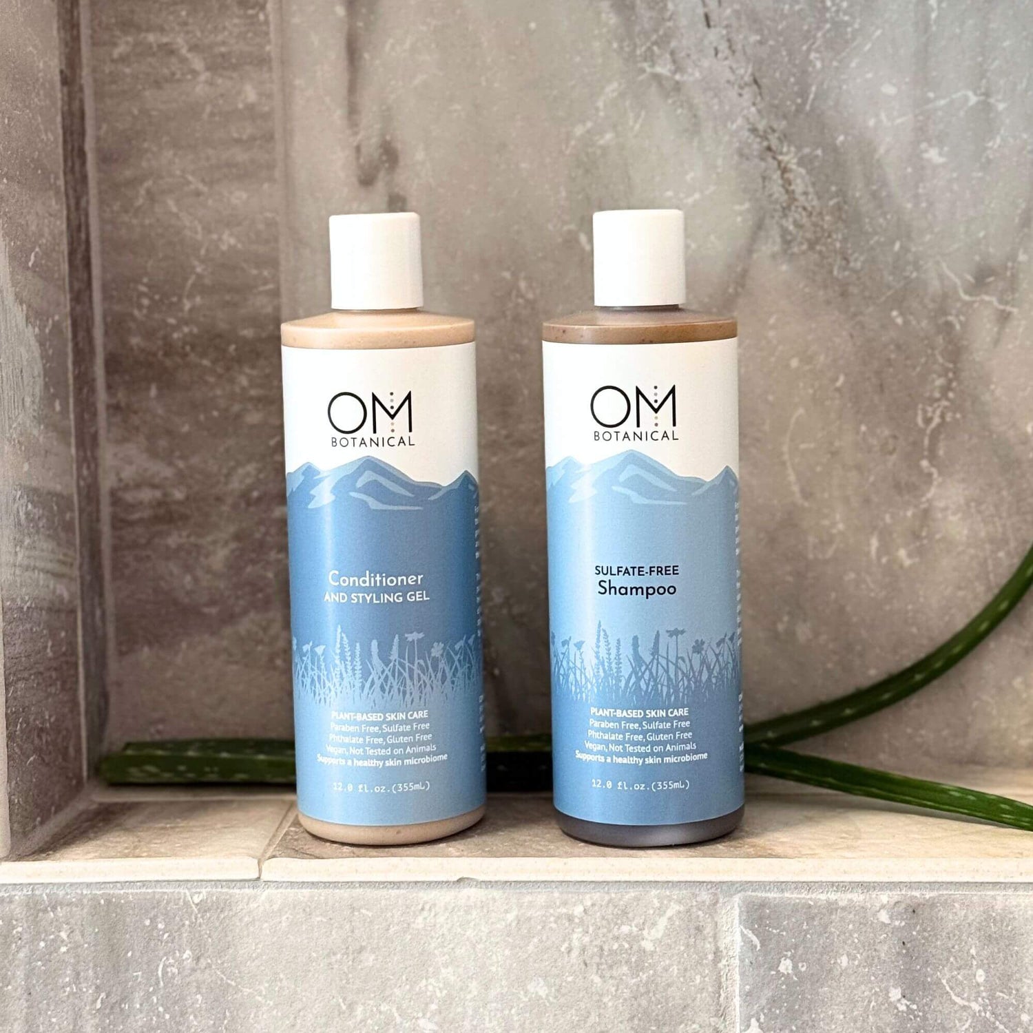 Healthy Hair Duo featuring OM Botanical sulfate-free shampoo and conditioner with aloe vera, ideal for soft, strong, plant-powered hair care.