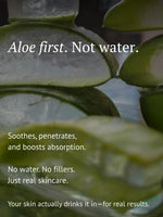 Close-up of fresh aloe slices with text promoting aloe-based skincare instead of water-based formulas