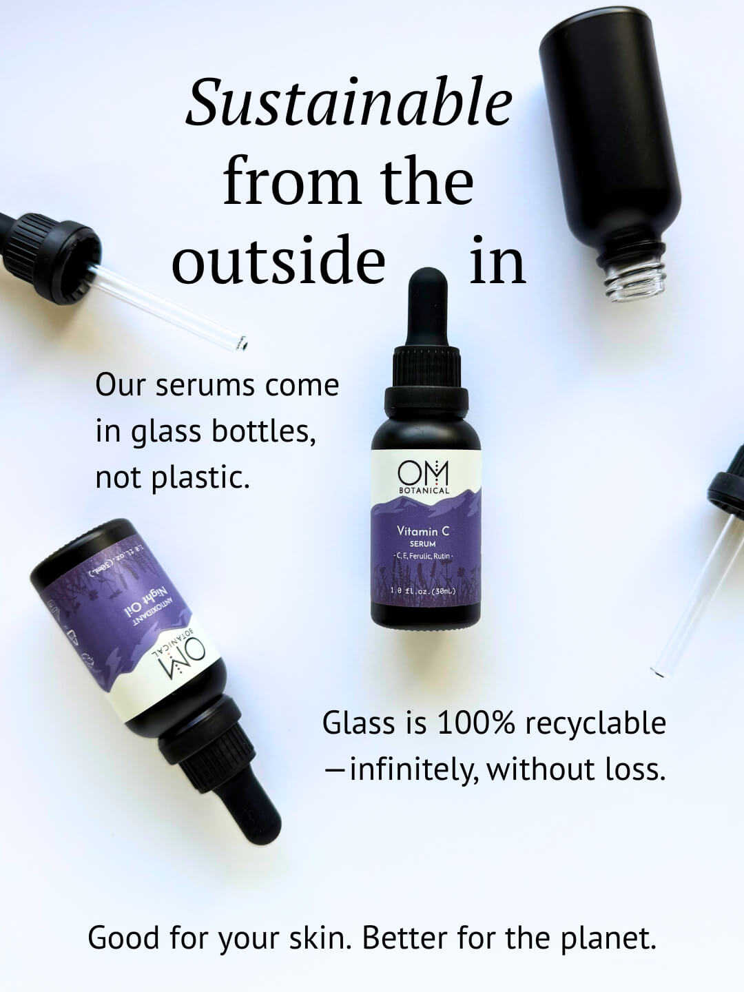 OM Botanical serums in glass bottles with droppers on a white background, emphasizing sustainable packaging