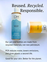 OM Botanical bottles made from recycled plastic (PCR), highlighing eco-friendly packaging
