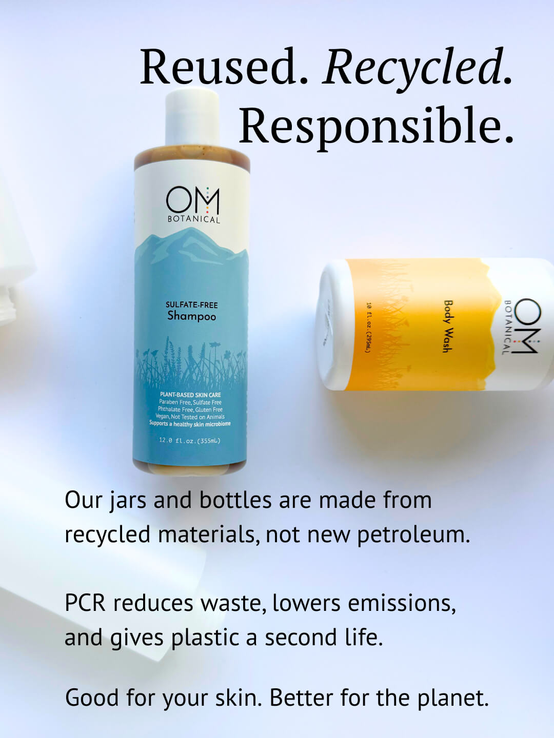 OM Botanical bottles made from recycled plastic (PCR), highlighing eco-friendly packaging
