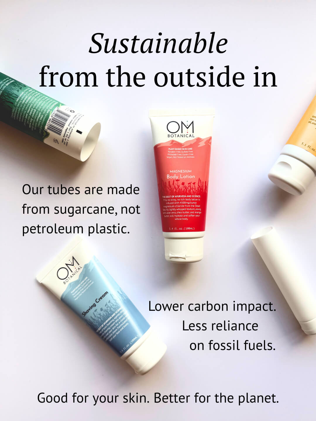 OM Botanical tubes made from carbon neutral sugarcane shown on a white surface, emphasizing lower fossil fuel use