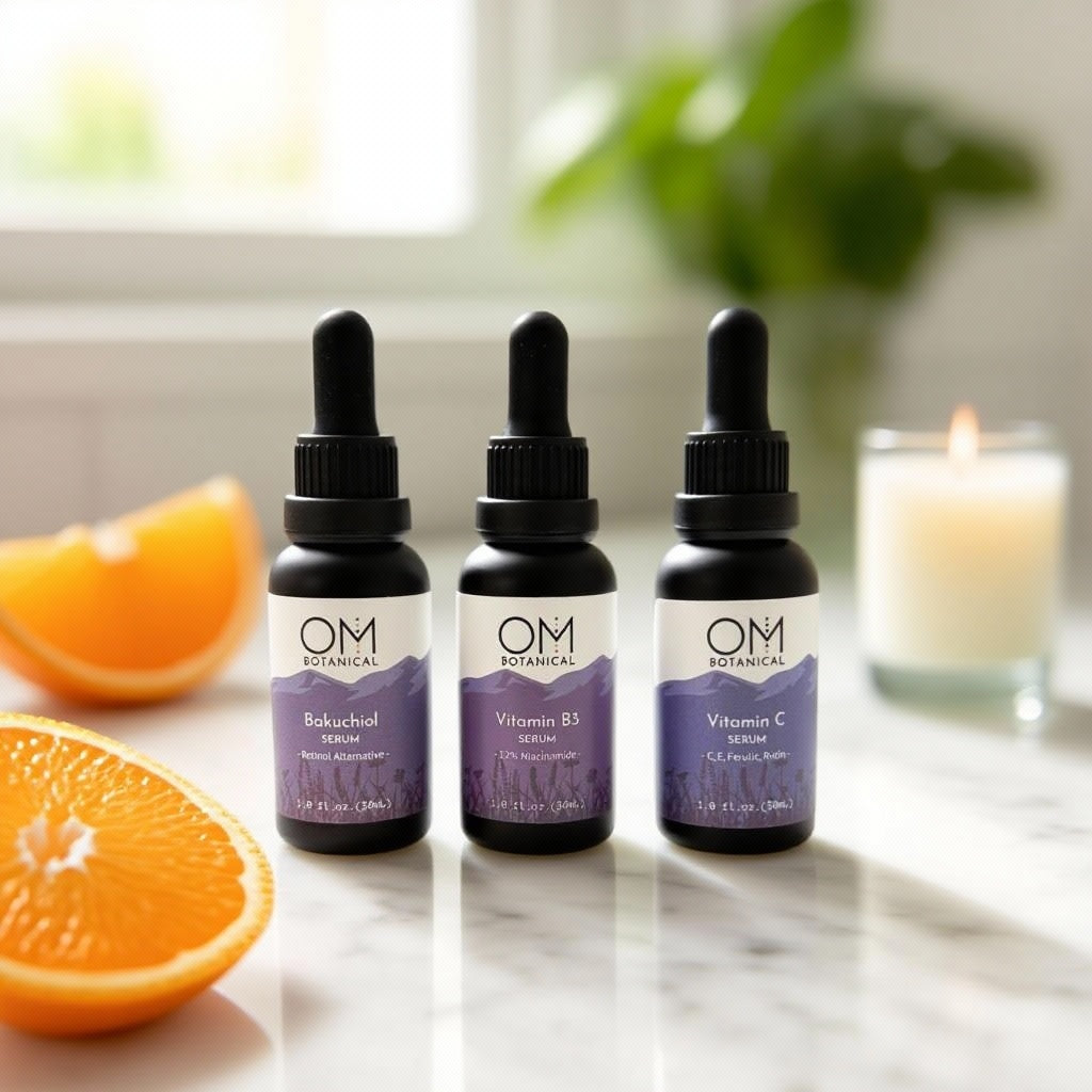 ABC Super Serums Trio featuring Bakuchiol, Vitamin B3, and Vitamin C serums in dropper bottles on a marble counter with orange slices and candle.