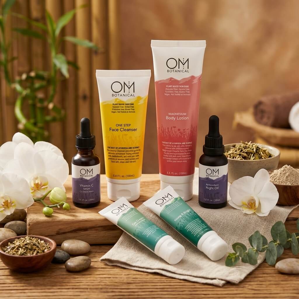 Collection of OM Botanical organic skincare products on a wooden surface with plants and stones.