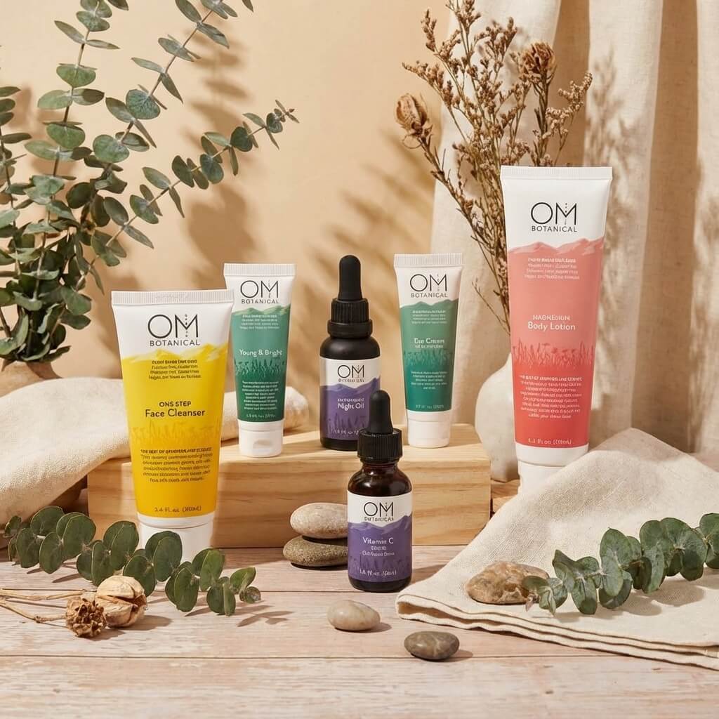 OM Botanical advanced age defying skincare set on a wooden surface with natural elements.