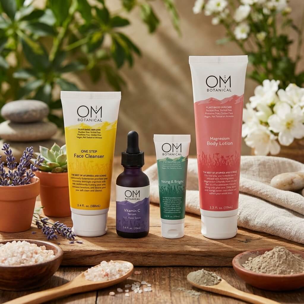 OM Botanical ayurvedic skincare products on a wooden surface with natural elements.