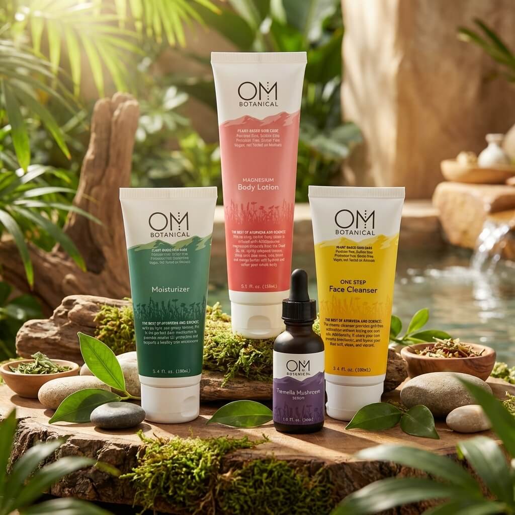Set of OM Botanical plant-based skincare products on a natural wooden surface with plants in the background