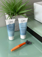 Shaving Cream and After Shave Lotion - lifestyle on a bathroom counter next to sink | OM Botanical
