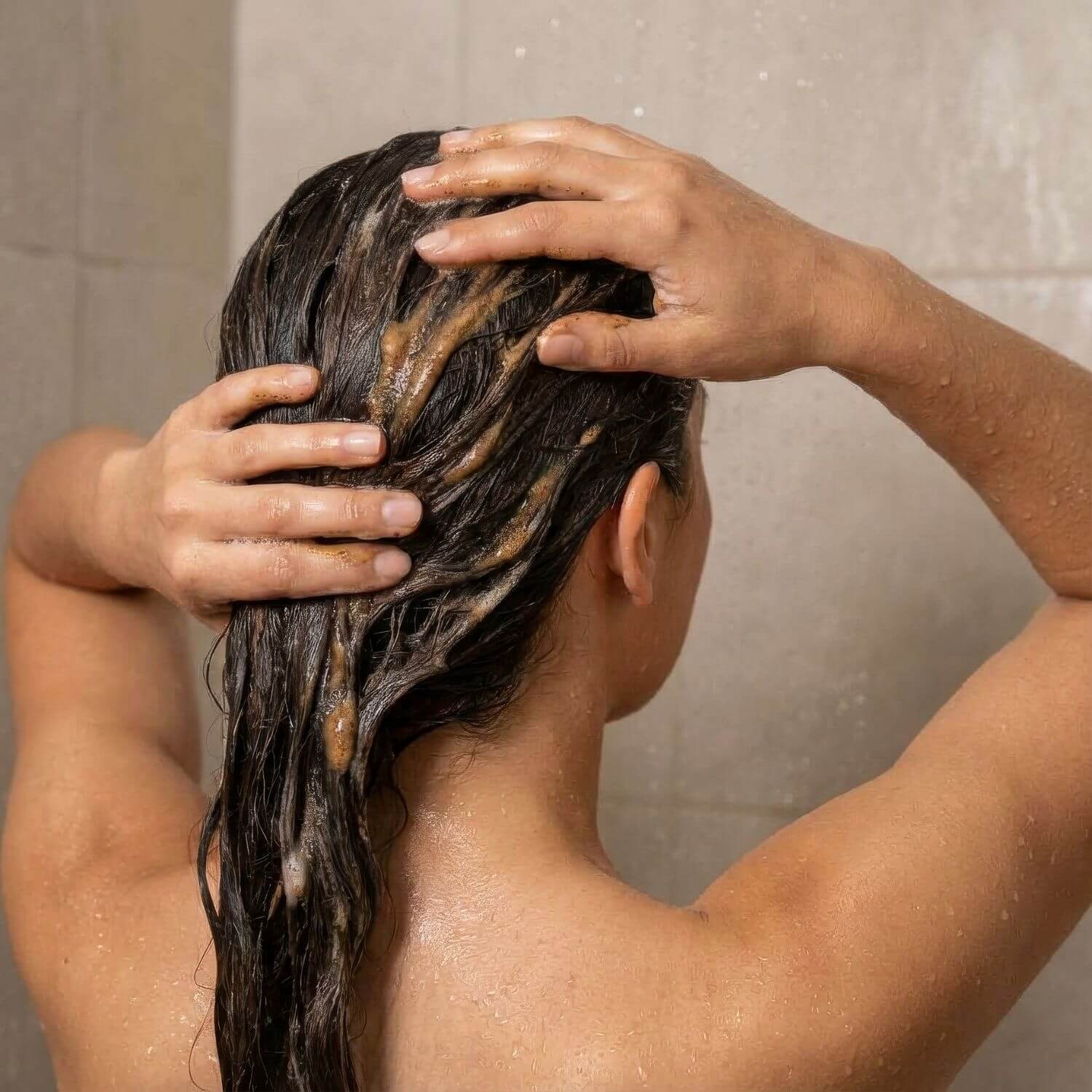 Person washing hair with OM Botanical sulfate free shampoo in a shower setting